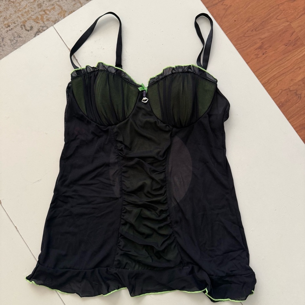 Cyber Glam Neon Lime Green Black Mesh Chemise Open Back Ruffle Festival Corset - Picture 3 of 9